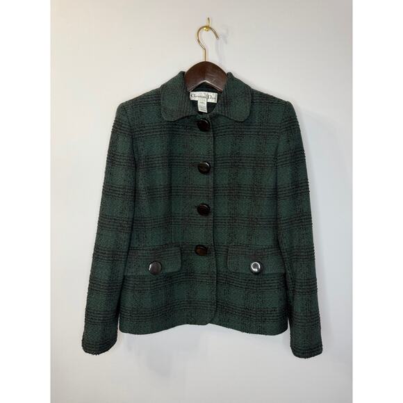 Vintage Christian Dior 90s Plaid Tweed Green Womens 4 Blazer Classic Made In USA - Picture 1 of 12